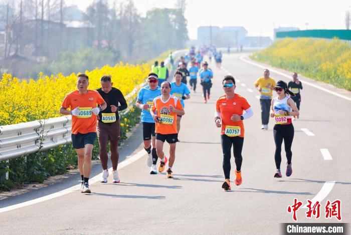 3500名跑友身着蓝色参赛服穿越湖南南县油菜花海